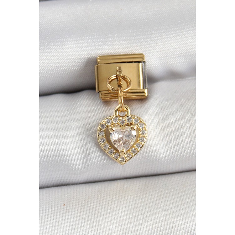 316L Çelik Sallantılı Zirkon Taşlı Kalp Model Gold Renk Nomination Charm