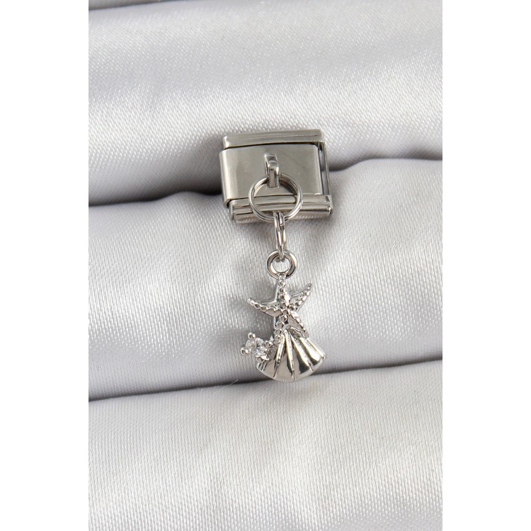 316L Çelik Sallantılı Zirkon Taşlı Deniz Yıldızı Ve İstiridye Model Gümüş Renk Nomination Charm