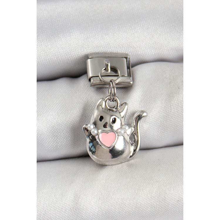 316L Çelik Sallantılı Kalp Detaylı Kedi Model Gümüş Renk Nomination Charm