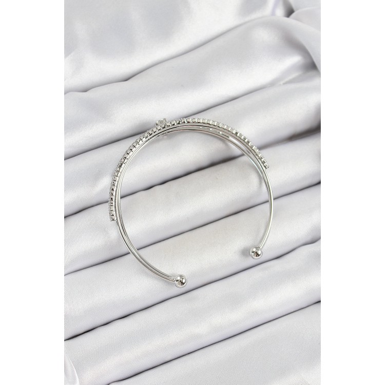 Pirinç Gümüş Renk Zirkon Taşlı Kalp Detaylı Kadın Bileklik