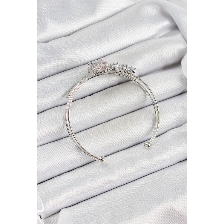 Pirinç Gümüş Renk Kalpli Zirkon Taşlı Kadın Bileklik