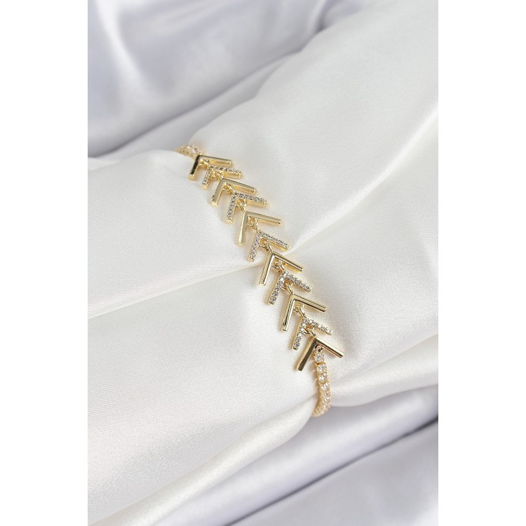 Pirinç Gold Renk Zirkon Taşlı Balık Sırtı Kadın Bileklik