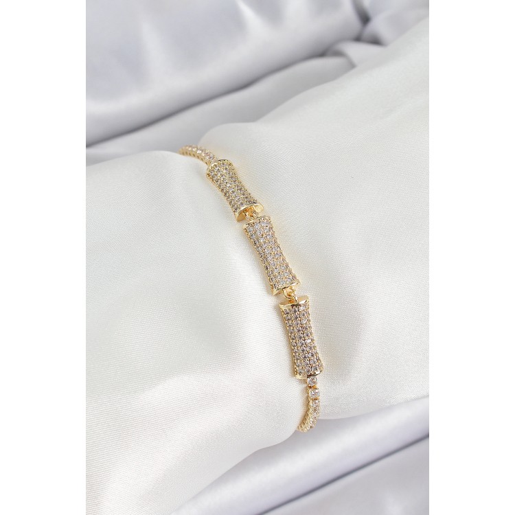 Pirinç Gold Renk Zirkon Taşlı Kemik Model Kadın Bileklik