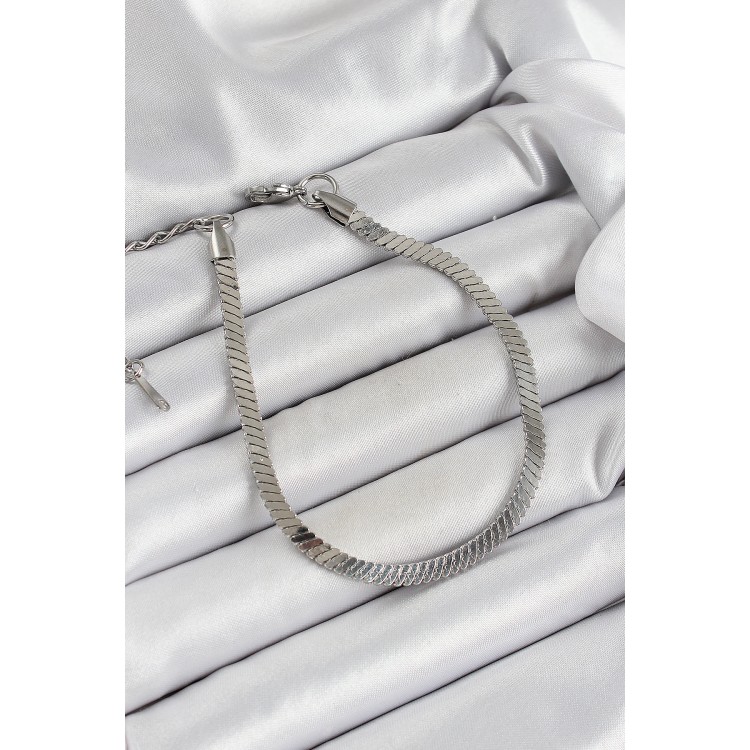 316L Çelik Gümüş Renk Yassı Zincir Model Kadın Bileklik