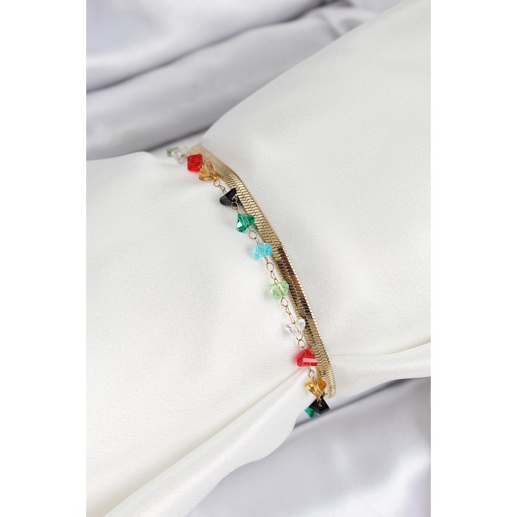 316L Çelik Gold Renk Kristal Karışık Renkli Taşlı 2'li Kadın Bileklik