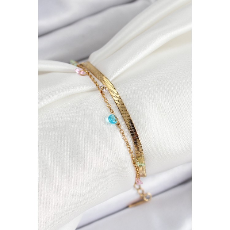 316L Çelik Gold Renk Karışık Renkli Kristal Taşlı 2'li Kadın Bileklik