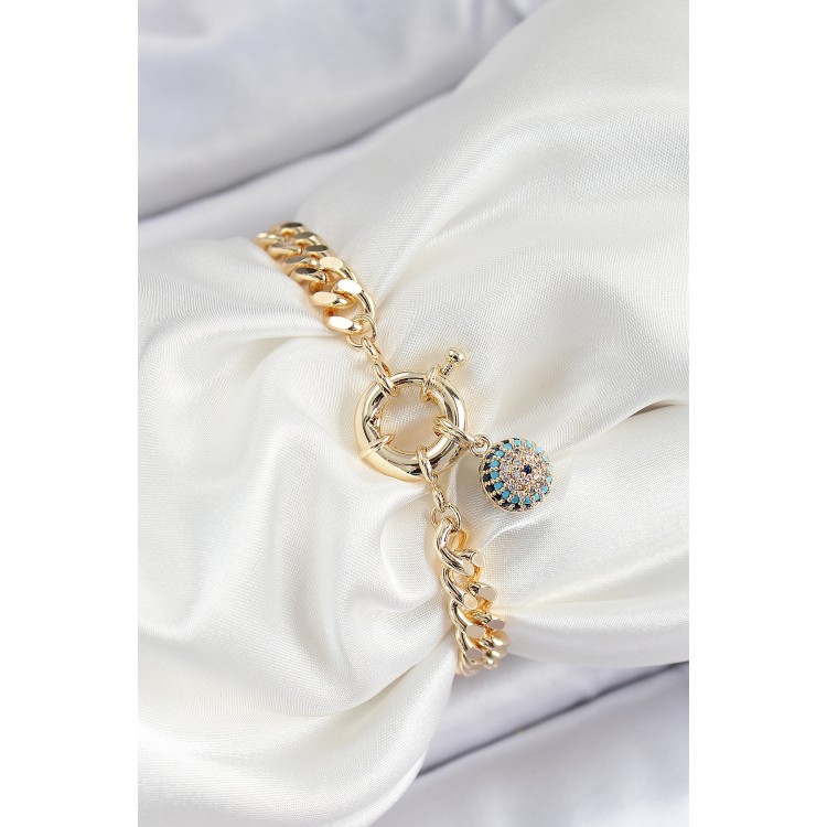 Pirinç Nazar Model Zirkon Taşlı Gold Renk VİP Seri Kadın Bileklik