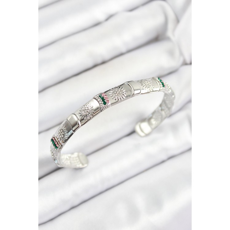 Pirinç Karışık Zirkon Taşlı Çiçek Model Gümüş Renk Altı Açık Kadın Bileklik