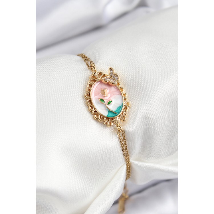 316L Çelik Zincir Mineli Sanatsal Portre Zirkon Taşlı Kelebek Detaylı Çiçek Model Gold Renk Kadın Bileklik