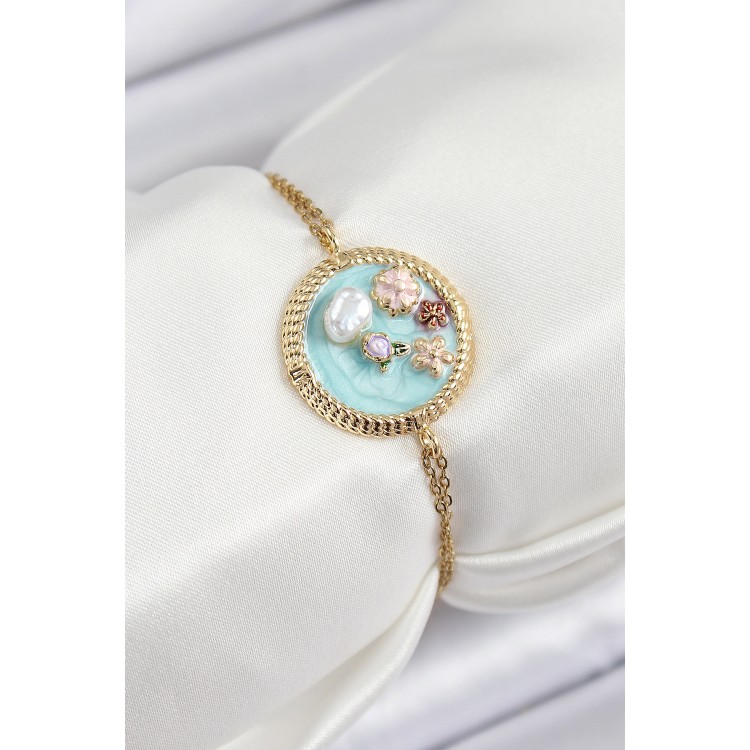 316L Çelik Zincir Turkuaz Mineli Sanatsal Portre İnci Detaylı Çiçek Model Gold Renk Kadın Bileklik