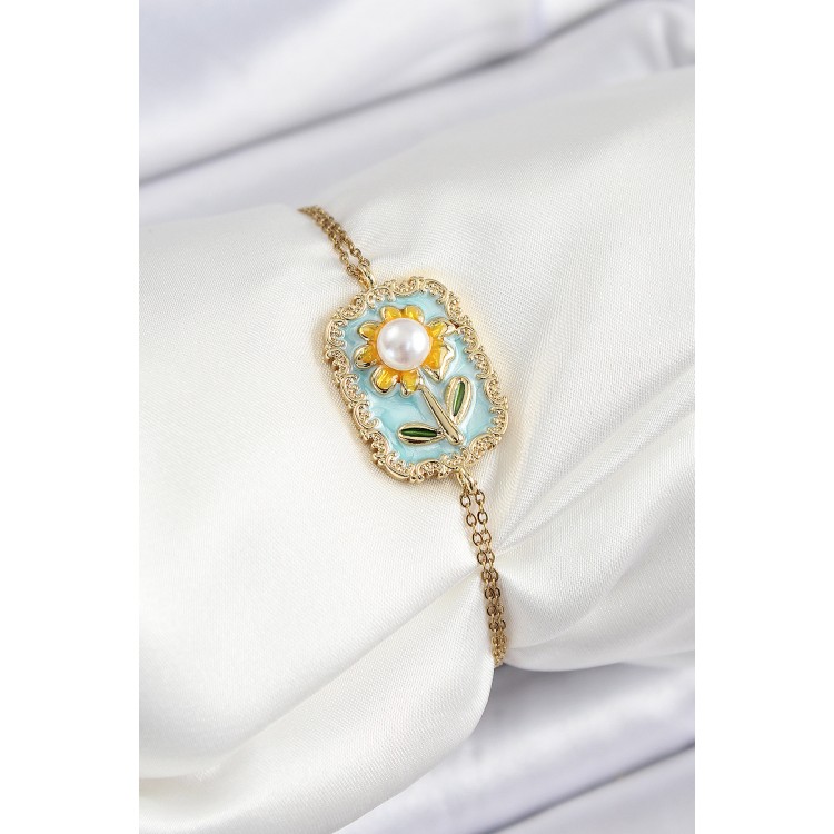 316L Çelik Zincir Turkuaz Mineli Sanatsal Portre İnci Detaylı Papatya Model Gold Renk Kadın Bileklik