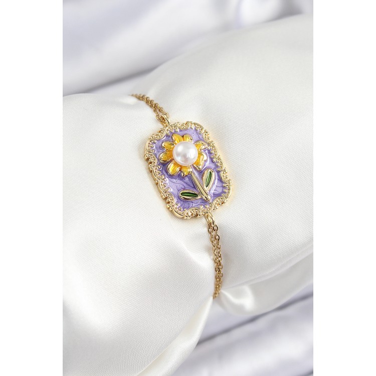 316L Çelik Zincir Mor Mineli Sanatsal Portre İnci Detaylı Papatya Model Gold Renk Kadın Bileklik