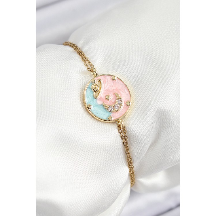 316L Çelik Zincir Mineli Sanatsal Portre Zirkon Taşlı Gezegen Model Gold Renk Kadın Bileklik