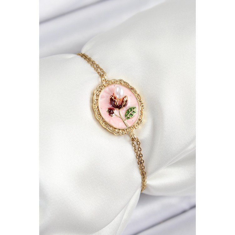 316L Çelik Zincir Pembe Mineli Sanatsal Portre İnci Detaylı Lale Model Gold Renk Kadın Bileklik