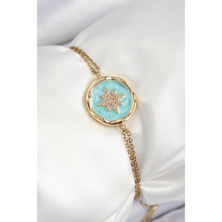316L Çelik Zincir Turkuaz Mineli Sanatsal Portre Kuzey Yıldızı Model Gold Renk Kadın Bileklik
