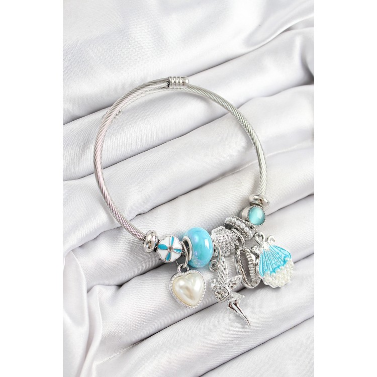 316L Çelik Mavi Zirkon Taşlı Yıldız Melek İstiridye Ve Kalp Model Gümüş Renk Charm Bileklik