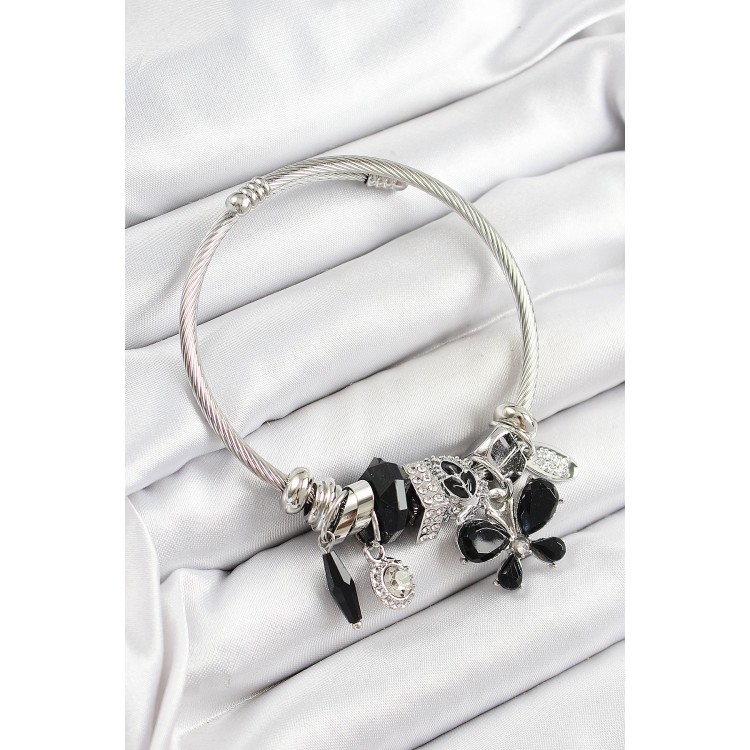 316L Çelik Siyah Zirkon Taşlı Yıldız Kelebek Model Gümüş Renk Charm Bileklik