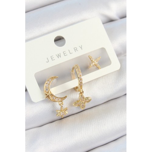 Pirinç Zirkon Taşlı Çiçek Ve Ay Model Gold Renk 3'lü Çift Kadın Küpe Set