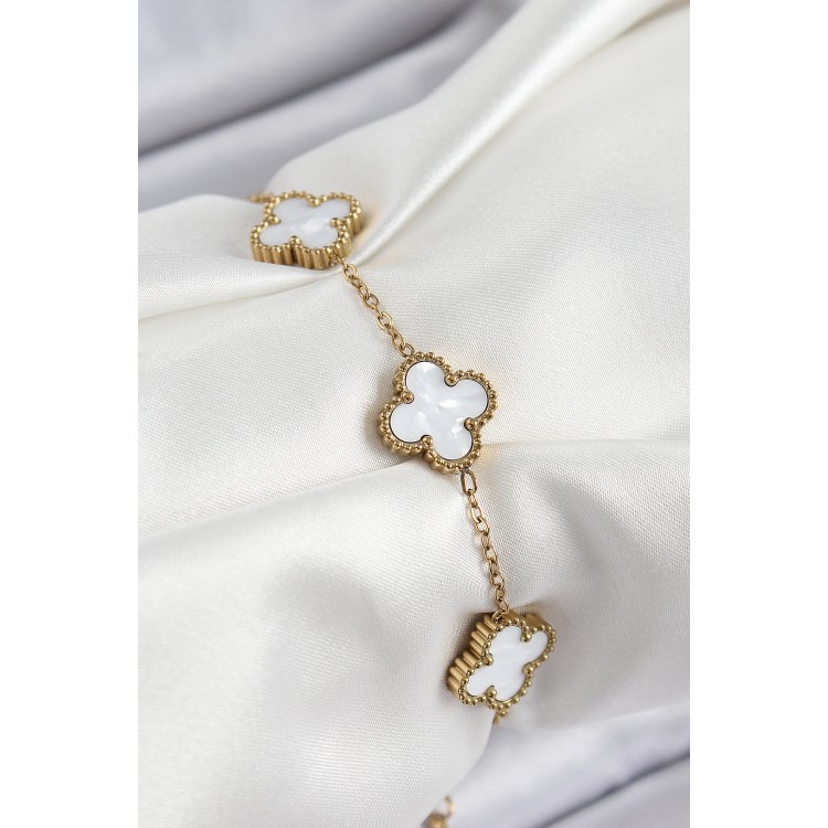 316L Çelik Beyaz Sedef Yonca Model Gold Renk Kadın Bileklik