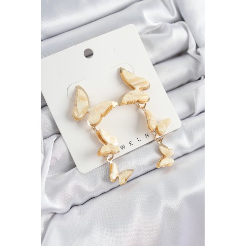 Pirinç Sedef Sallantılı Mermer Desenli Kelebek Model Gold Renk Vintage Kadın Küpe