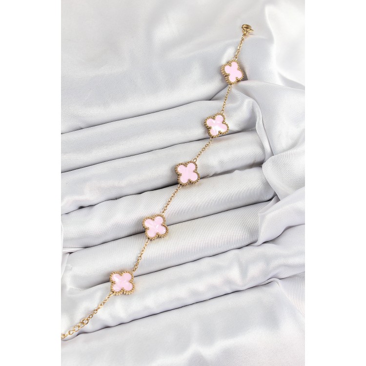 316L Çelik Pembe Sedef Yonca Model Gold Renk Kadın Bileklik