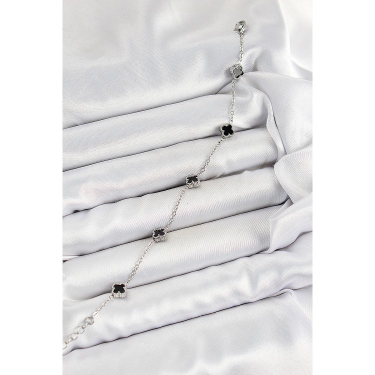 316L Çelik Siyah Sedef Yonca Model Gümüş Renk Kadın Bileklik