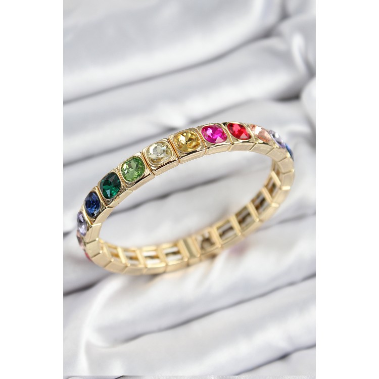 Pirinç Karışık Zirkon Taşlı Kare Model Gold Renk Lastikli Kadın Bileklik