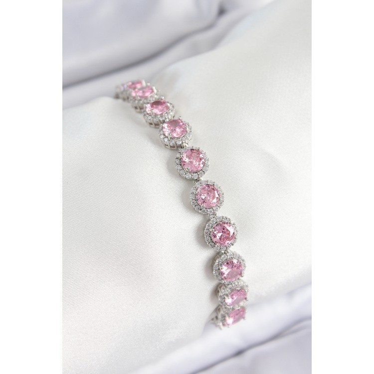 Pirinç Pembe Zirkon Taşlı Daire Baget Model Gümüş Renk VIP Seri Kadın Bileklik