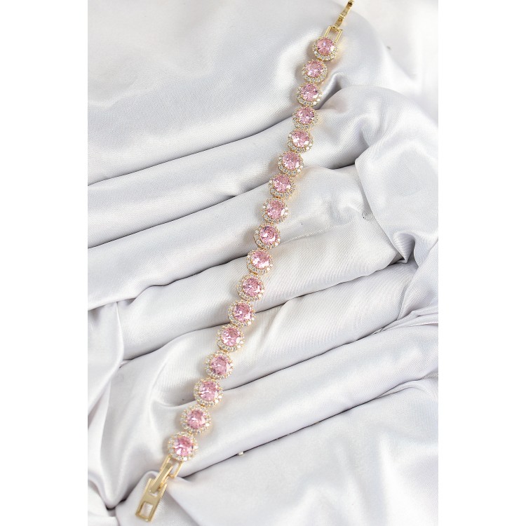 Pirinç Pembe Zirkon Taşlı Daire Baget Model Gold Renk VIP Seri Kadın Bileklik