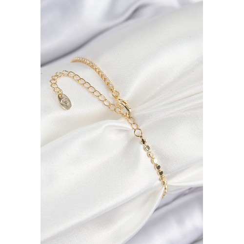 Pirinç Zirkon Taşlı Kalp Model Ezme Zincir Gold Renk Kadın Bileklik