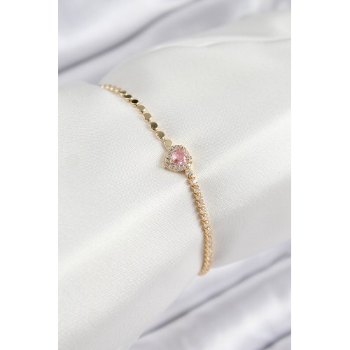 Pirinç Zirkon Taşlı Kalp Model Ezme Zincir Gold Renk Kadın Bileklik