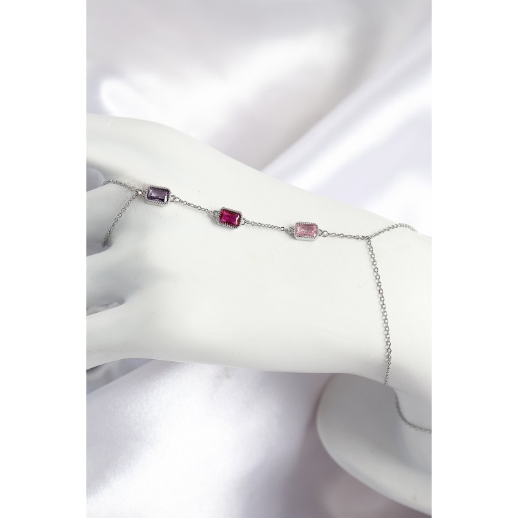 Pirinç Renkli Zirkon Taşlı Dikdörtgen Model Gümüş Renk Kadın Şahmeran