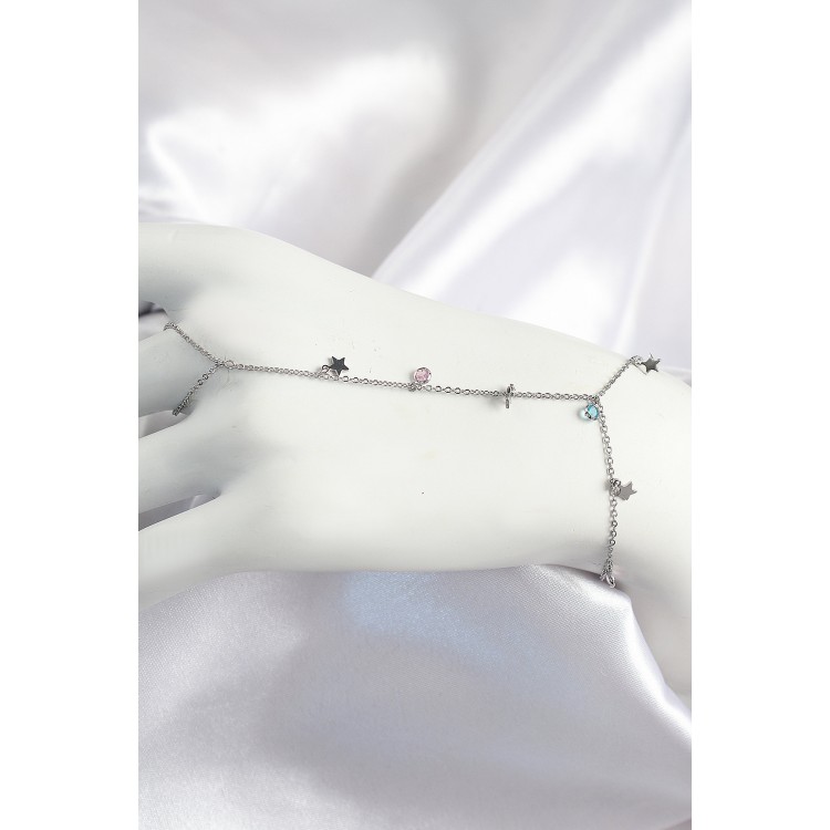 Pirinç Renkli Zirkon Taşlı Sallantılı Yıldızlı Model Gümüş Renk Kadın Şahmeran