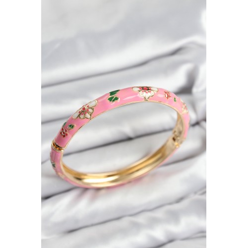 Mineli Pirinç Pembe Çiçek Motifli Gold Kadın Kelepçe