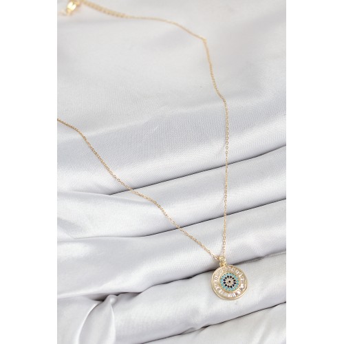 Pirinç Zirkon Taşlı Su Yolu Nazar Model Gold Renk Kadın Kolye