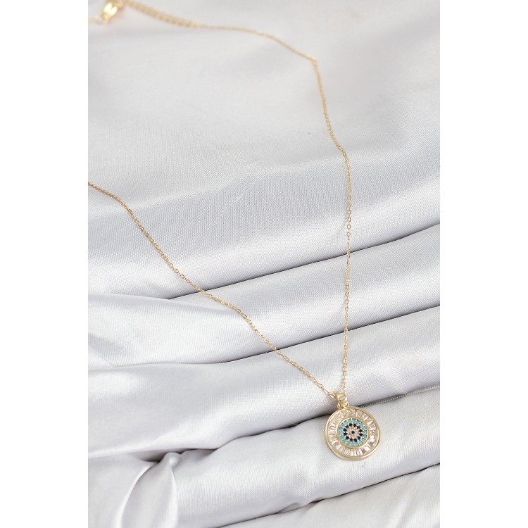 Pirinç Zirkon Taşlı Su Yolu Nazar Model Gold Renk Kadın Kolye