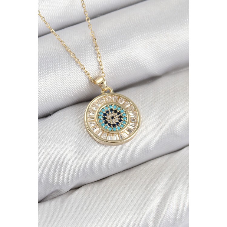 Pirinç Zirkon Taşlı Su Yolu Nazar Model Gold Renk Kadın Kolye