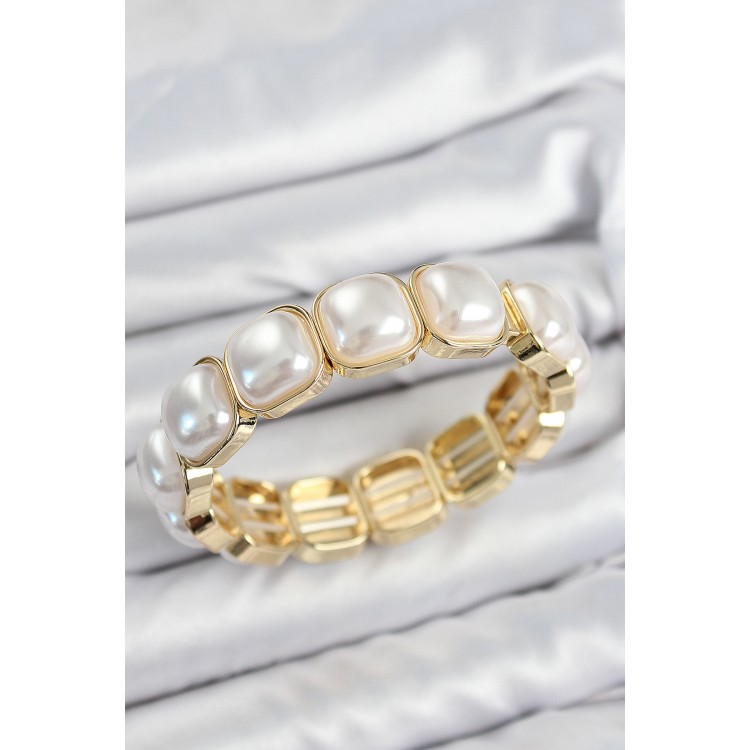 Pirinç Kare İnci Model Gold Renk Lastikli Kadın Bileklik