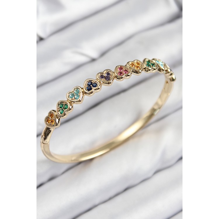 Pirinç Renkli Zirkon Taşlı Sıralı Kalp Model Gold Renk Kadın Kelepçe