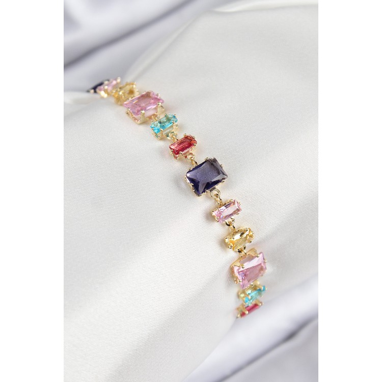 Pirinç Renkli Zirkon Taşlı Sıralı Dikdörtgen Model Gold Renk Kadın Bileklik