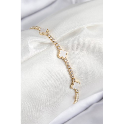 Pirinç Zirkon Taşlı Yonca Model Gold Renk Kadın Bileklik