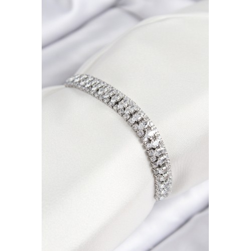 Pirinç Zirkon Taşlı Tennıs Model Gümüş Renk Asansörlü Kadın Bileklik