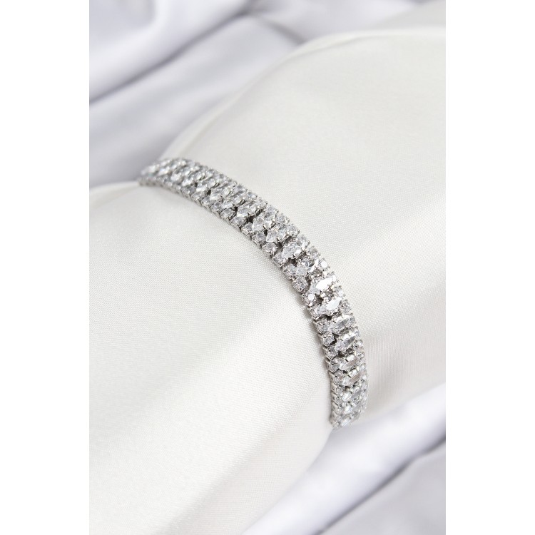 Pirinç Zirkon Taşlı Tennıs Model Gümüş Renk Asansörlü Kadın Bileklik