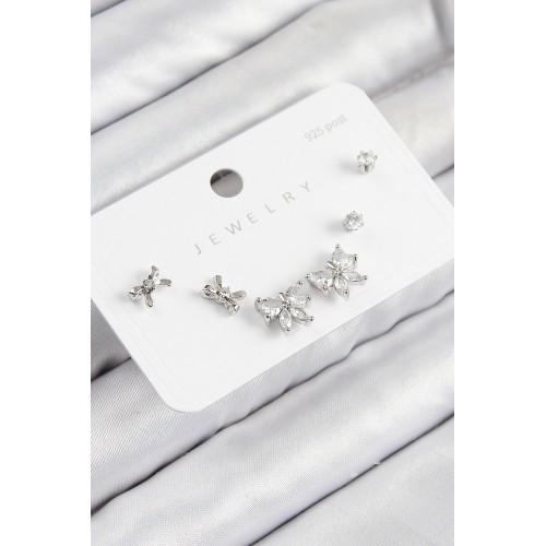 Pirinç Zirkon Taşlı Fiyonk Model Gümüş Renk 925 Ayar Gümüş Çivi Kadın Küpe Set