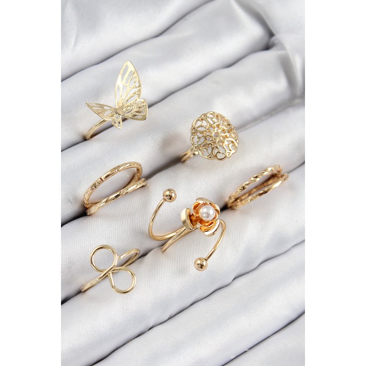 Pirinç Gül Kelebek Model Gümüş Renk Kadın Yüzük Kombin Set