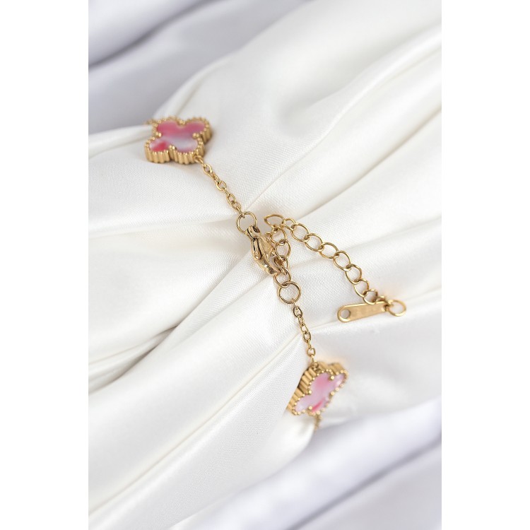 316L Çelik Sedefli Pembe Gold Renk Yonca Kadın Bileklik