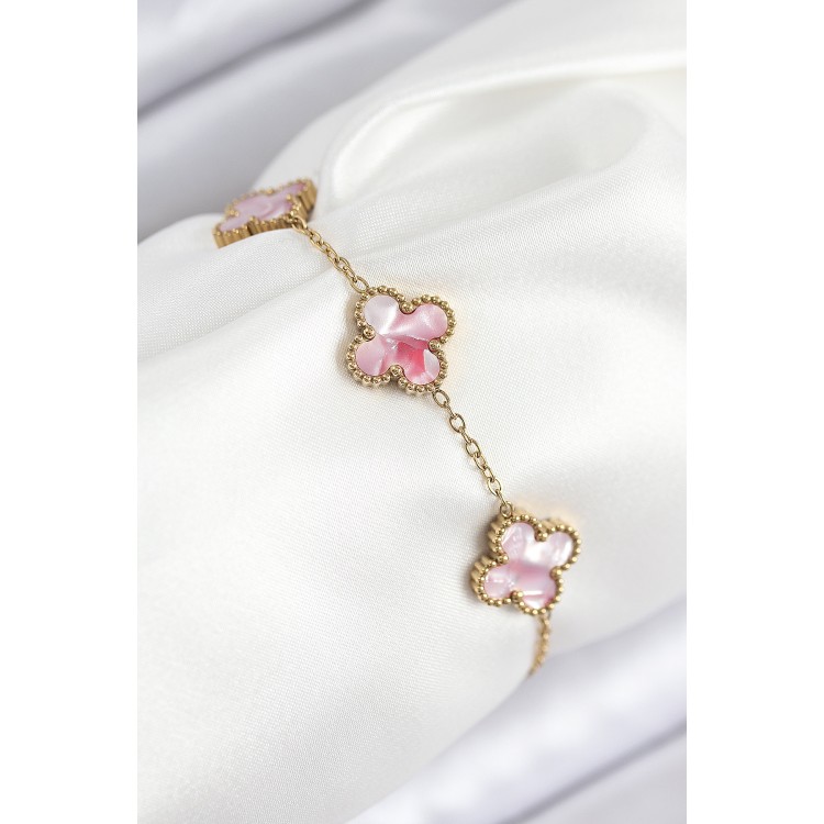 316L Çelik Sedefli Pembe Gold Renk Yonca Kadın Bileklik