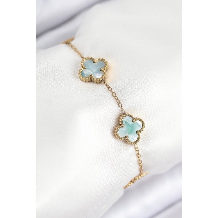 316L Çelik Sedefli Yeşil Gold Renk Yonca Kadın Bileklik