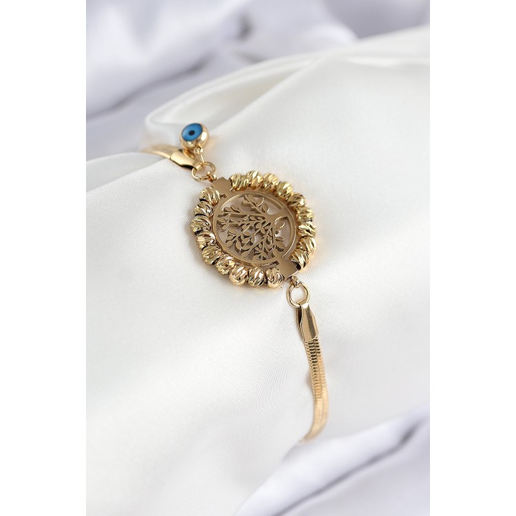 316L Çelik Nazar Boncuk Detaylı Hayat Ağacı Model İtalyan Zincir Gold Renk Kadın Bileklik