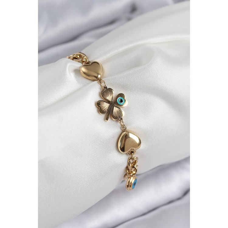 316L Çelik Nazar Boncuk Detaylı Yonca Model Gold Renk Kadın Bileklik